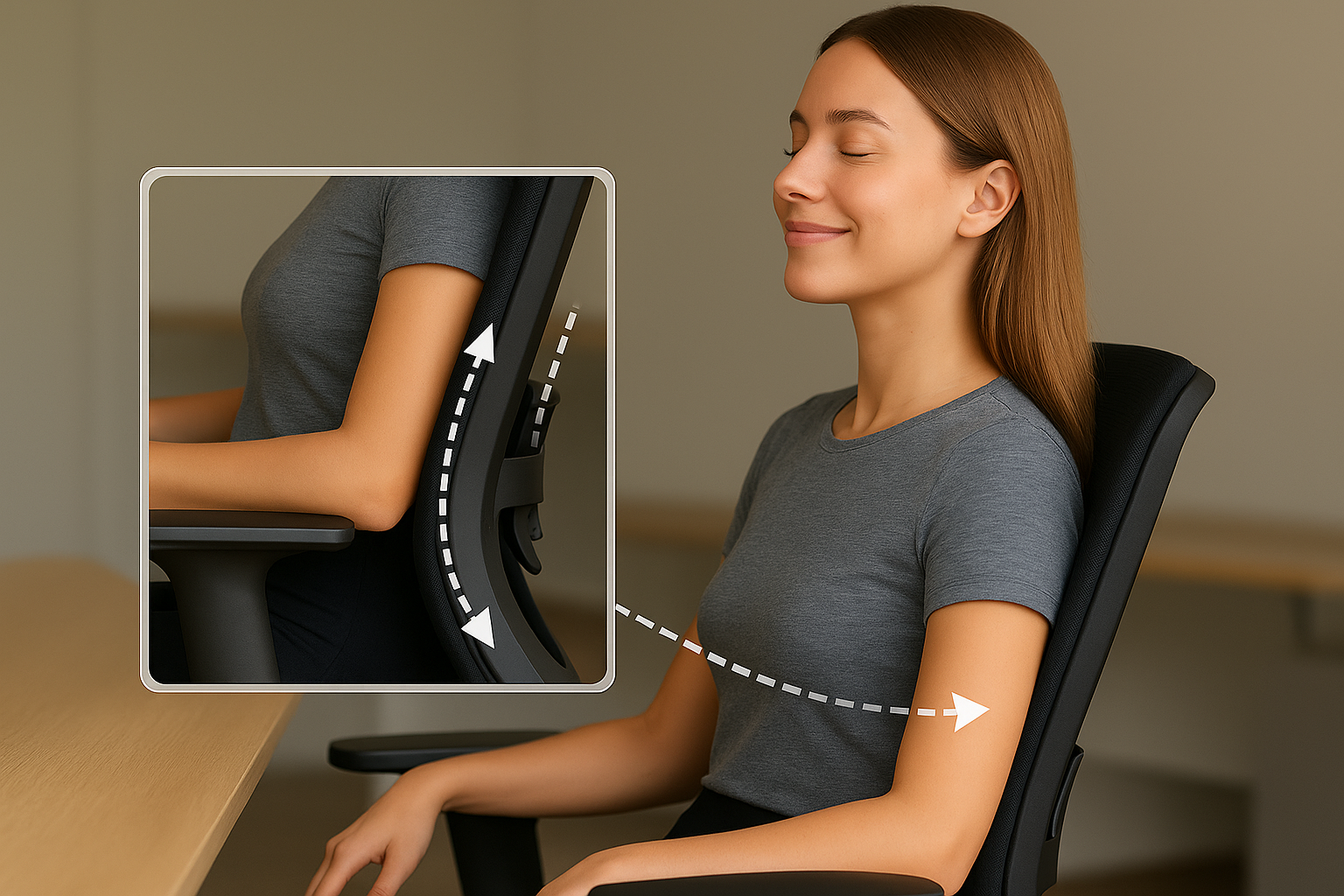 Mujer joven con ojos cerrados y expresión relajada sentada en silla ergonómica negra, con recuadro ampliado mostrando el soporte lumbar ajustable y flechas indicando su rango de movimiento, en oficina moderna con fondo difuminado.